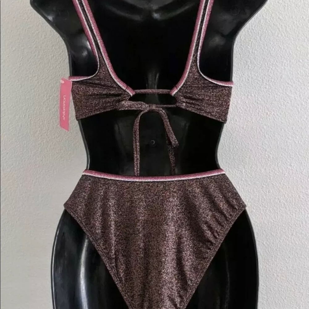 Women Metallic Shine High Leg Scoop Waist Bikini - Picture 3 of 12